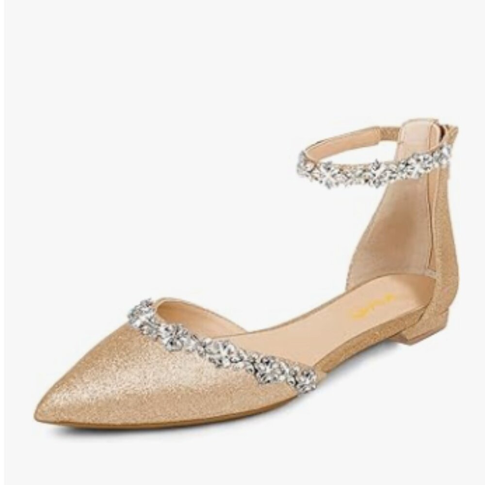 XYD Rose Gold Glitter Pointed Toe D'Orsay Wedding Sandal Sparkly Rhinestone Shoe